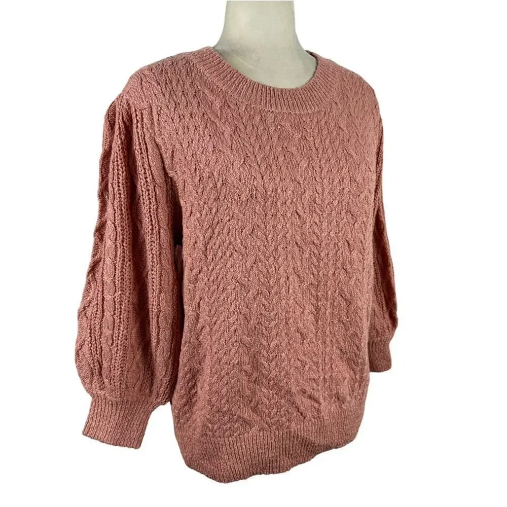 New Free People Villa Cable Pullover Sweater in Pink Bubble Bath Size XL Barbie